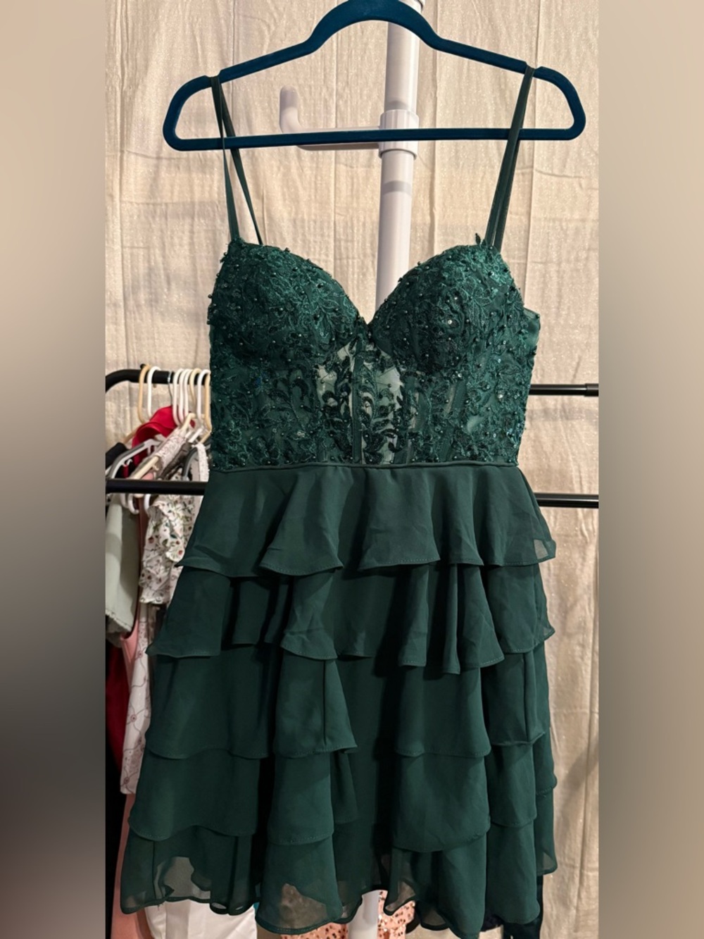 Emerald Green Beaded Ruffle Dress